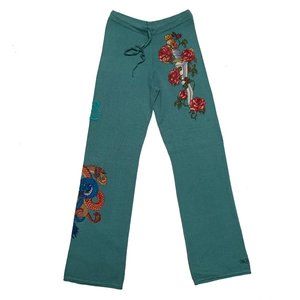 Teal Wide-Leg Pants with Floral & Embroidered Detail